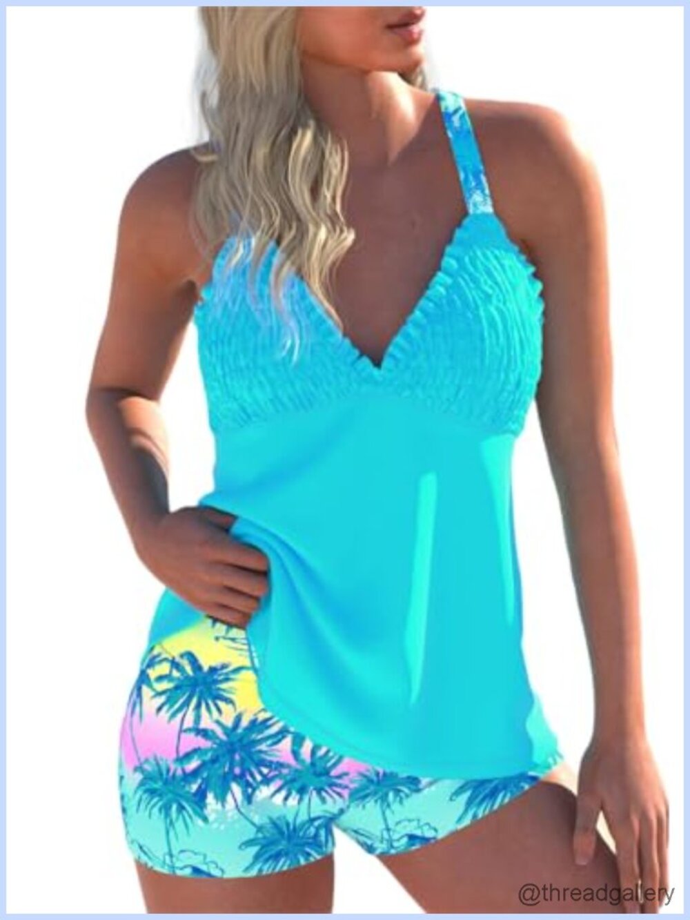 Smocked V-Neck Tankini Set with Mid-Rise Swim Shorts